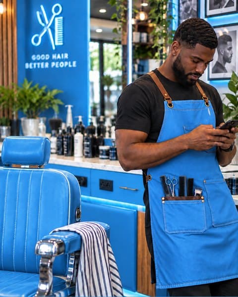 Un barbier consulte son téléphone